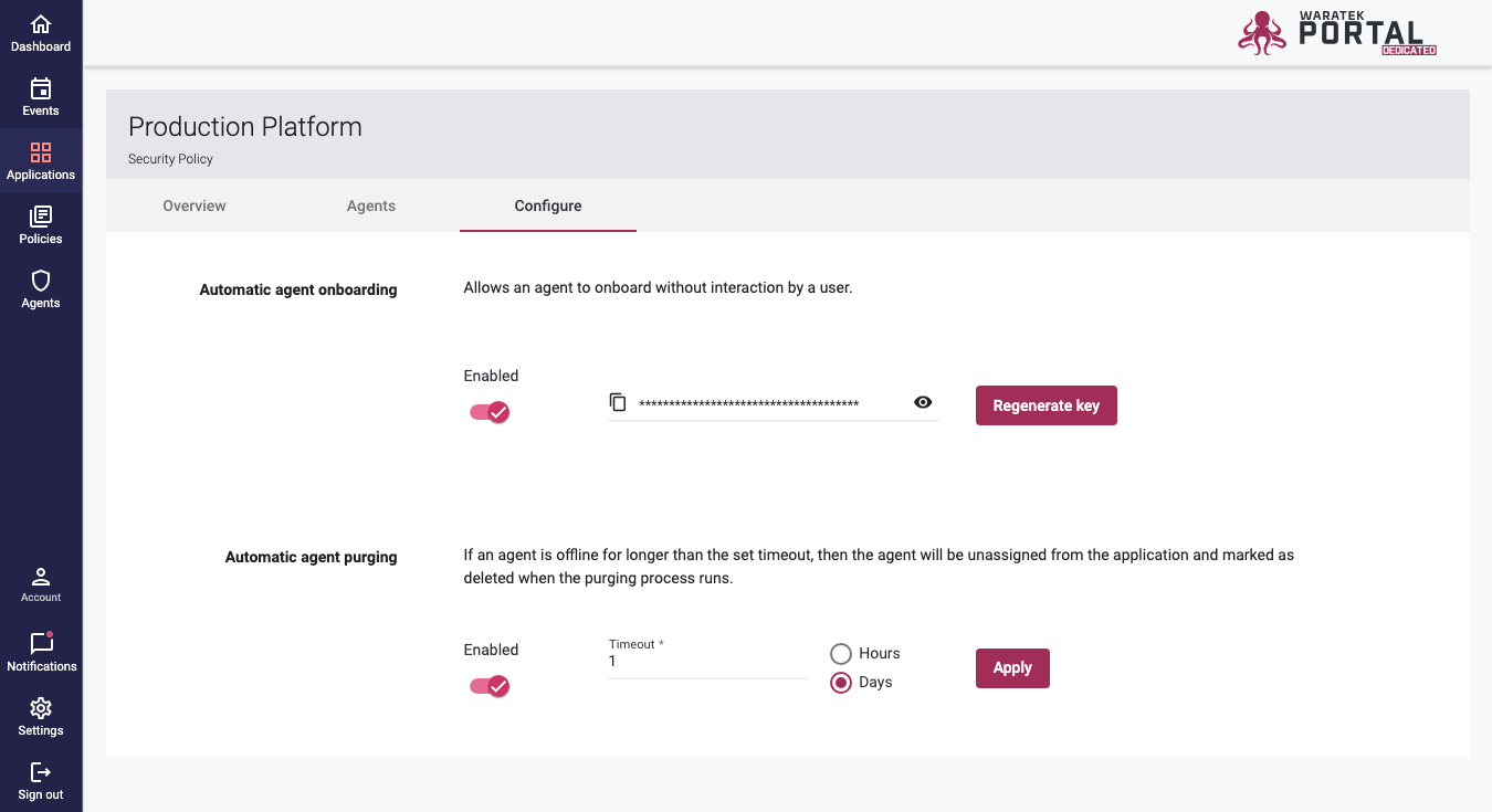 Screenshot of the application Configure tab showing Automatic Agent Purging settings