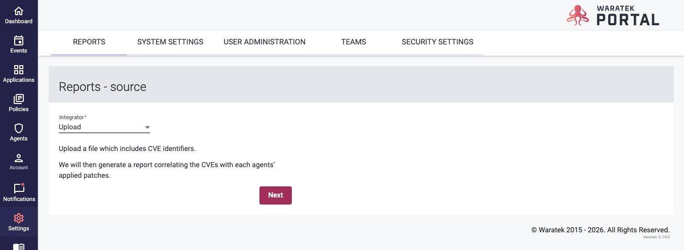 Screenshot of the vulnerability report wizard Upload option selected from the report type dropdown