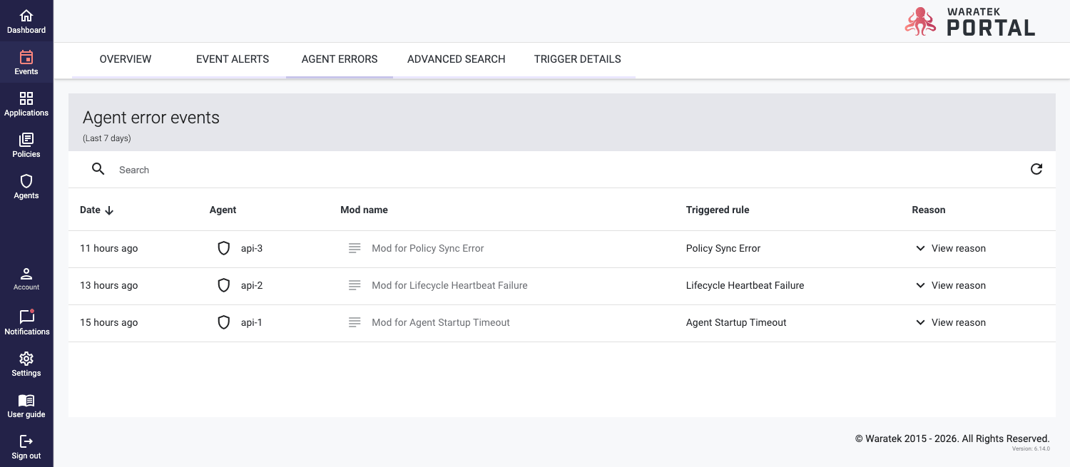 Screenshot of the Agent Errors table listing lifecycle error events reported by agents