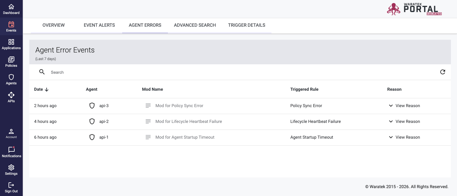 Screenshot of the Agent Errors table listing lifecycle error events reported by agents