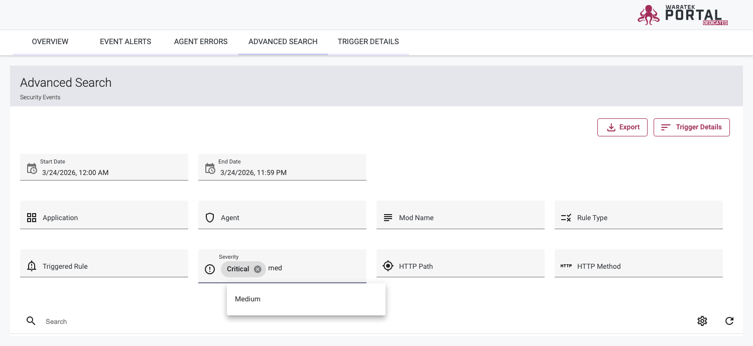 Screenshot of the Advanced Search page with filters for narrowing event records