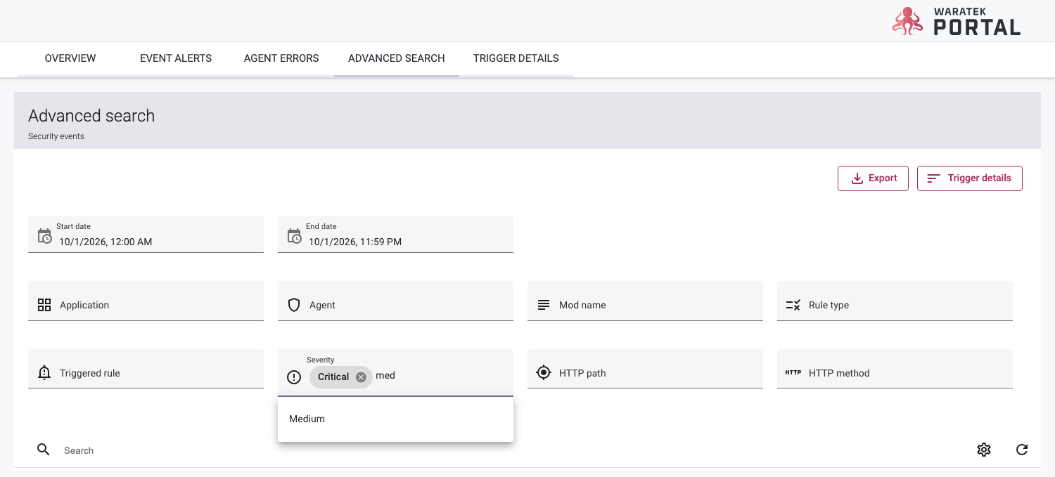 Screenshot of the Advanced Search page with filters for narrowing event records