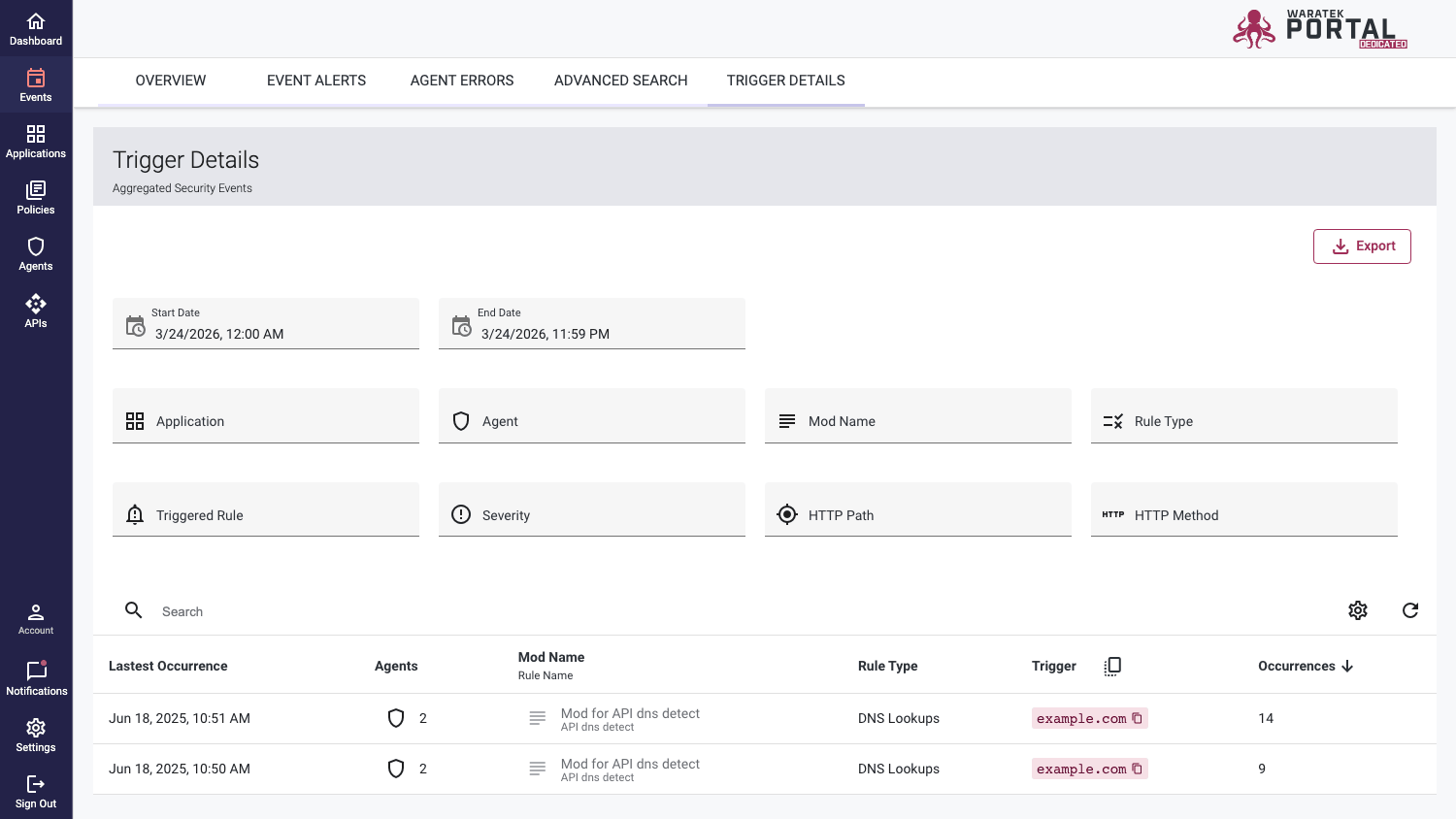 Screenshot of the event triggers table with column settings and Export button