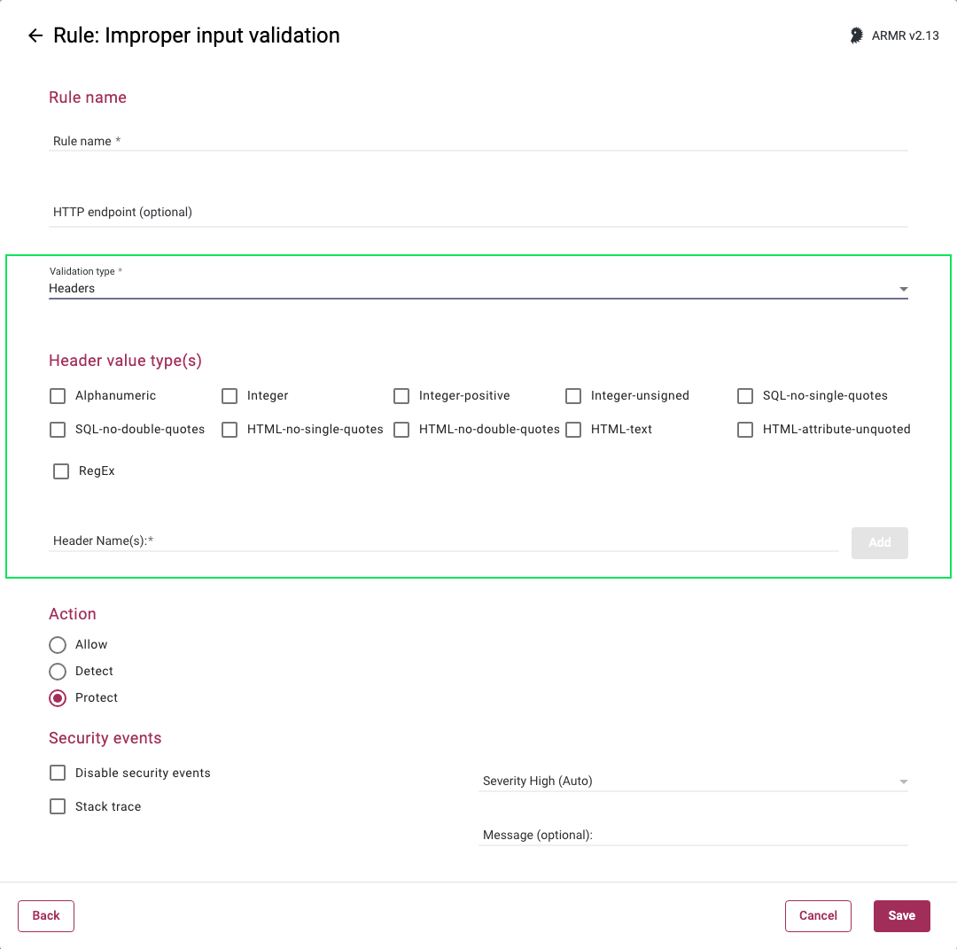 Screenshot of the validation configuration for the Headers validation type in the Improper input validation Rule Wizard