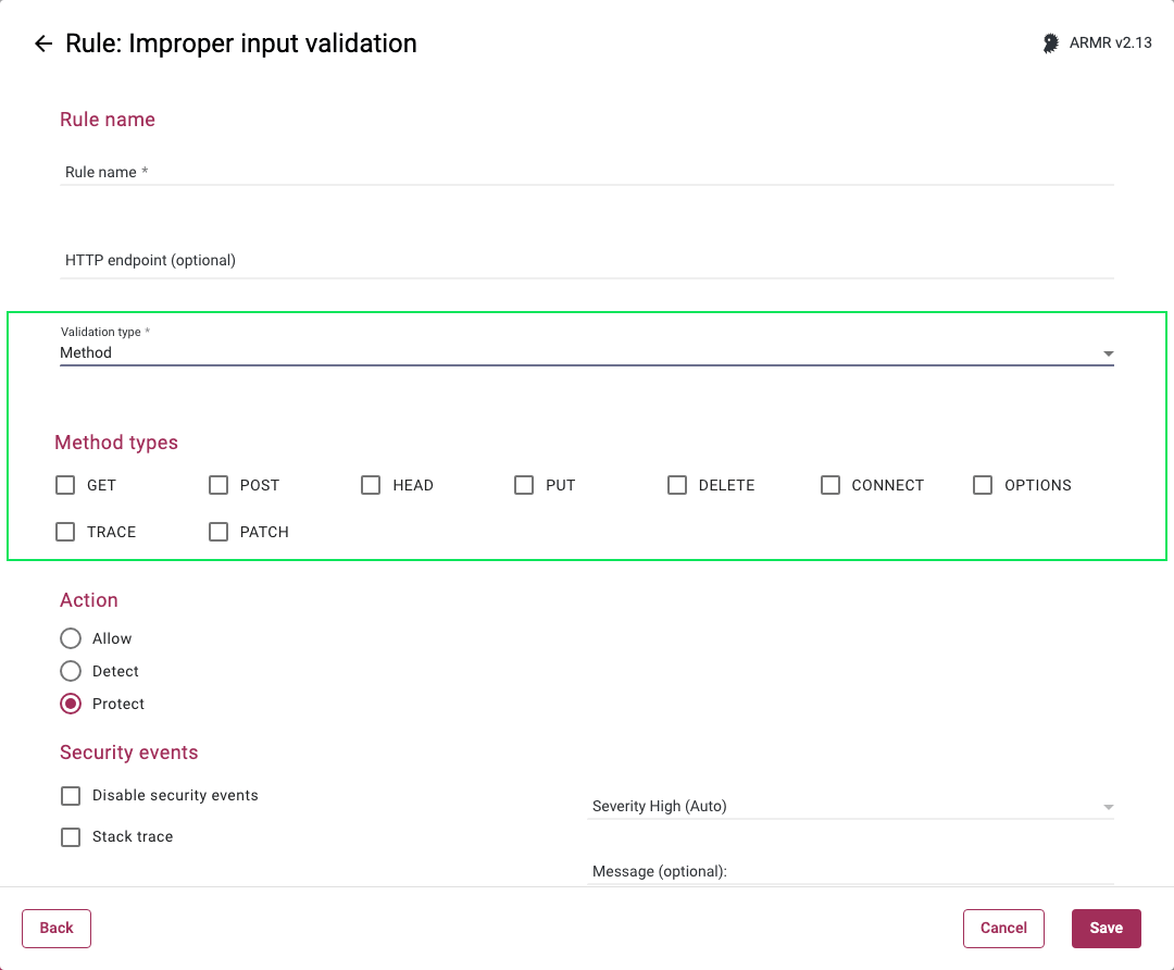 Screenshot of the Method types options in the Improper input validation Rule Wizard