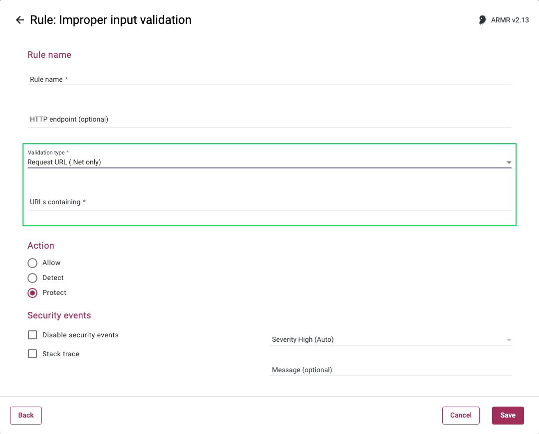 Screenshot of the URLs containing validation options for Request URL in the Improper input validation Rule Wizard