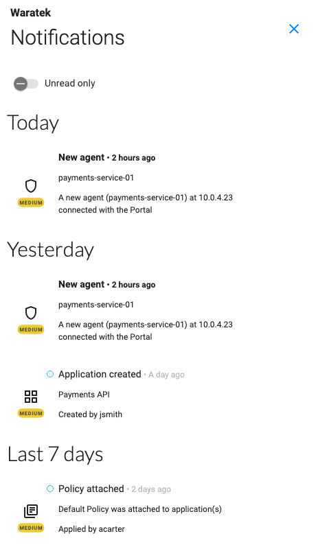 Screenshot of the Notifications panel showing a chronological log of user actions