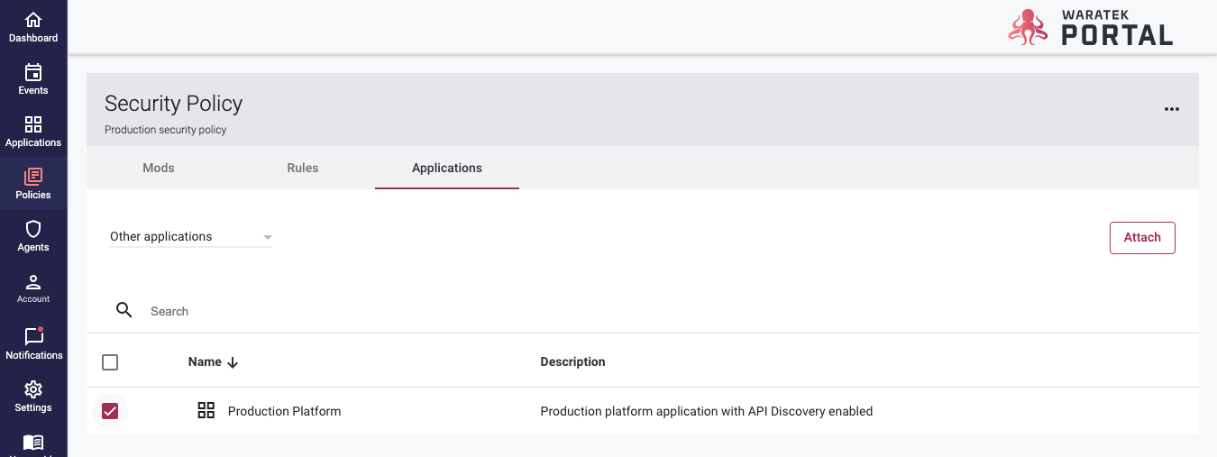 Other Applications view with checkboxes and the Attach button for linking apps to a policy