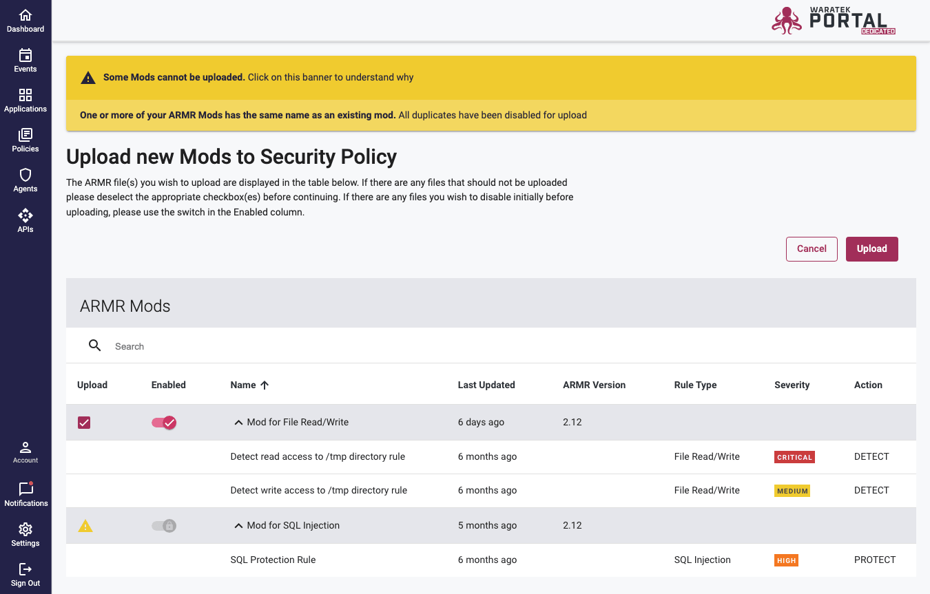 ARMR Mod upload modal listing Mods and Rules with a conflict warning banner