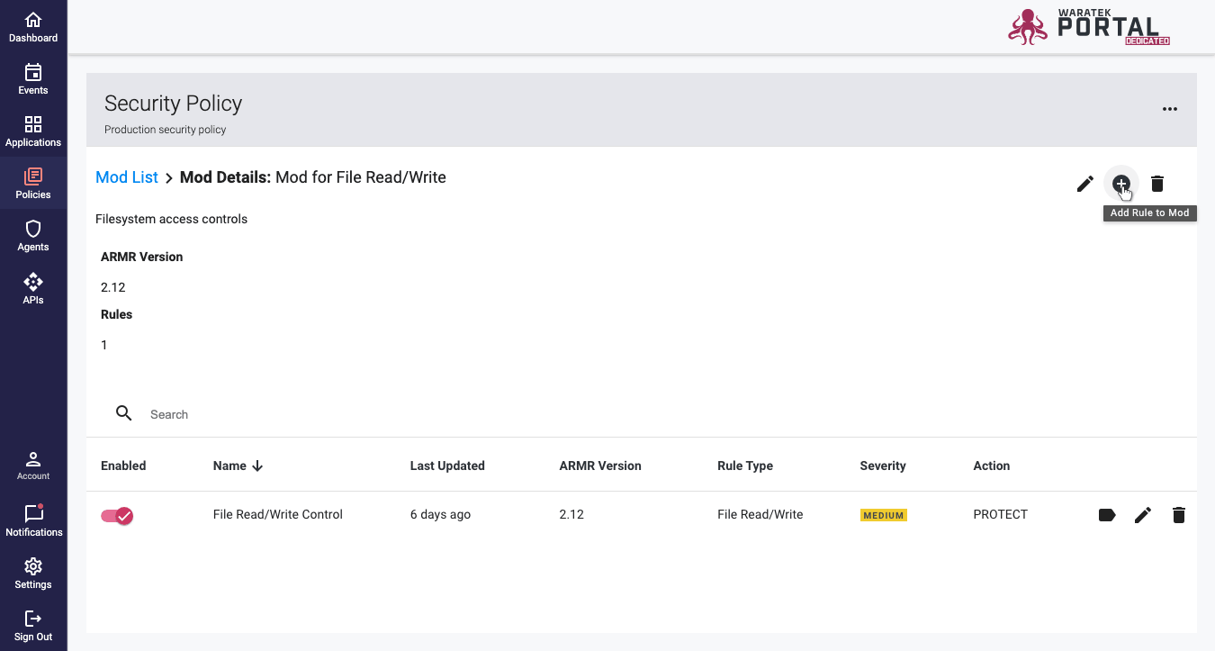 Mod Details page dropdown menu with the Add Rule to Mod option highlighted