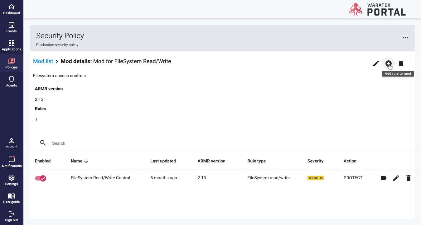 Mod Details page dropdown menu with the Add Rule to Mod option highlighted