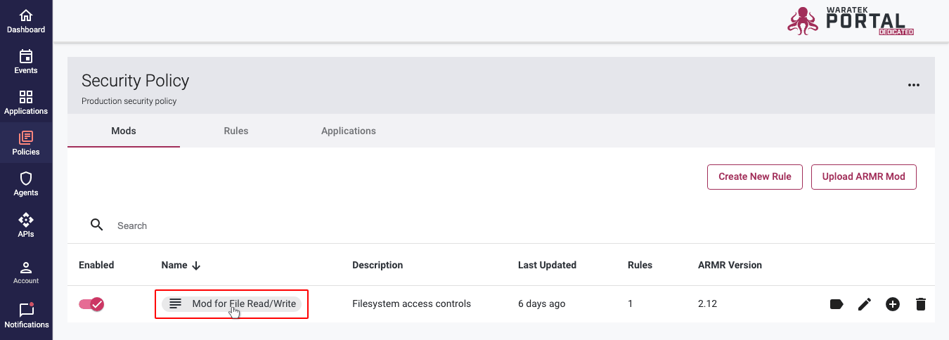 Policy Details page showing the Mod for SQL Injection with icon to click for details