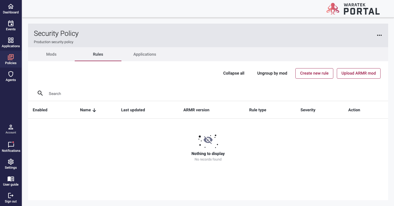 Screenshot of the empty Rules list shown for a newly created policy with no rules yet