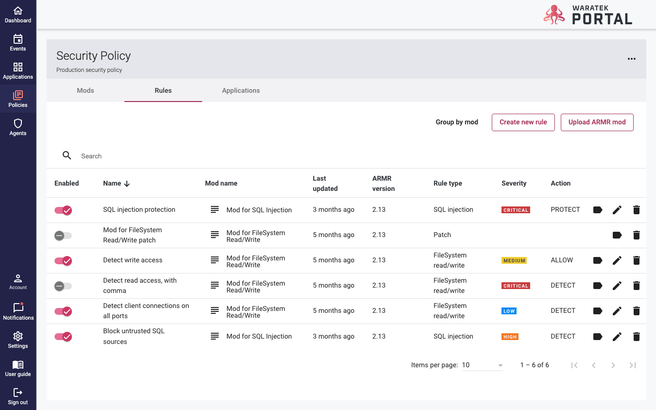 Screenshot of the flat, ungrouped Rules list on the Policies page