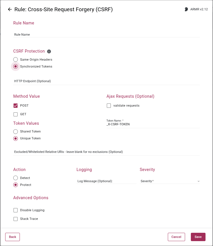 Rule Wizard Synchronized Tokens Options for the Cross-Site Request Forgery rule