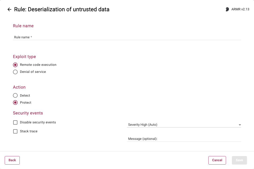 Rule Wizard Rule Options page for the Deserialization of Untrusted Data rule