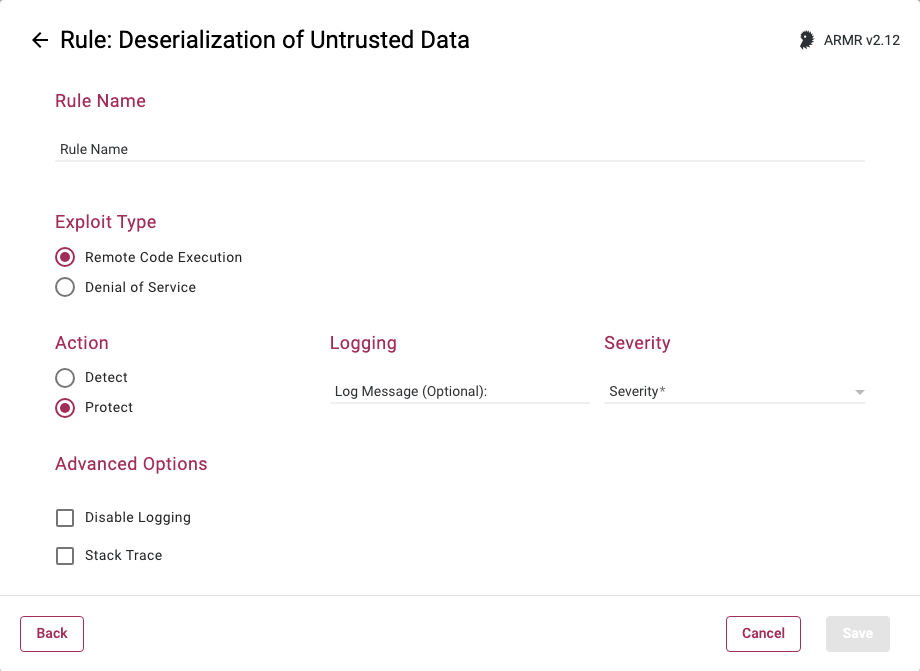 Rule Wizard Rule Options page for the Deserialization of Untrusted Data rule