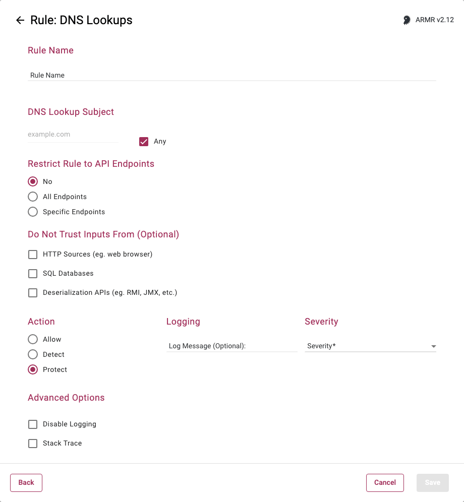 Rule Wizard Rule Options page for the DNS Lookups rule