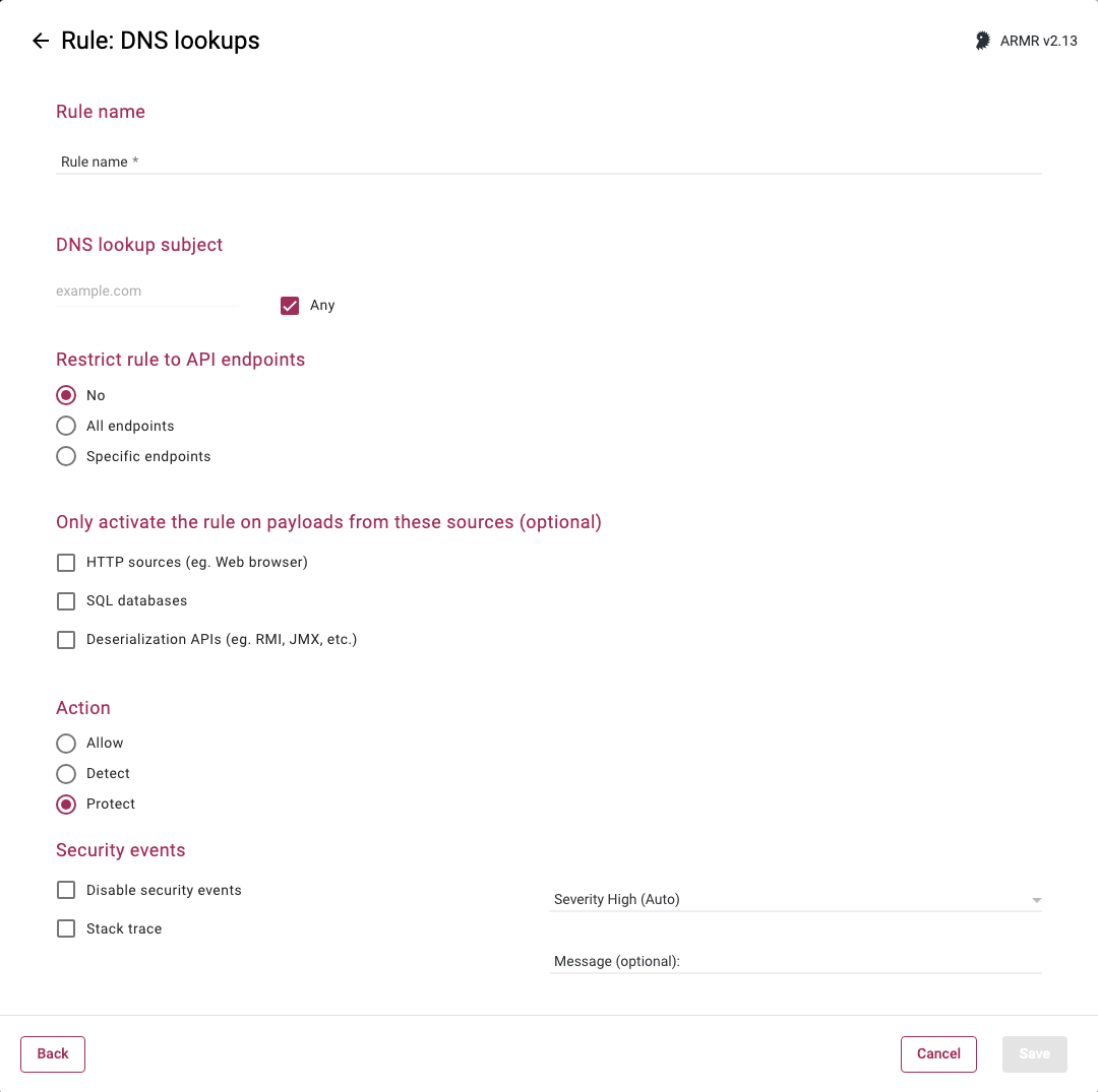 Rule Wizard Rule Options page for the DNS Lookups rule