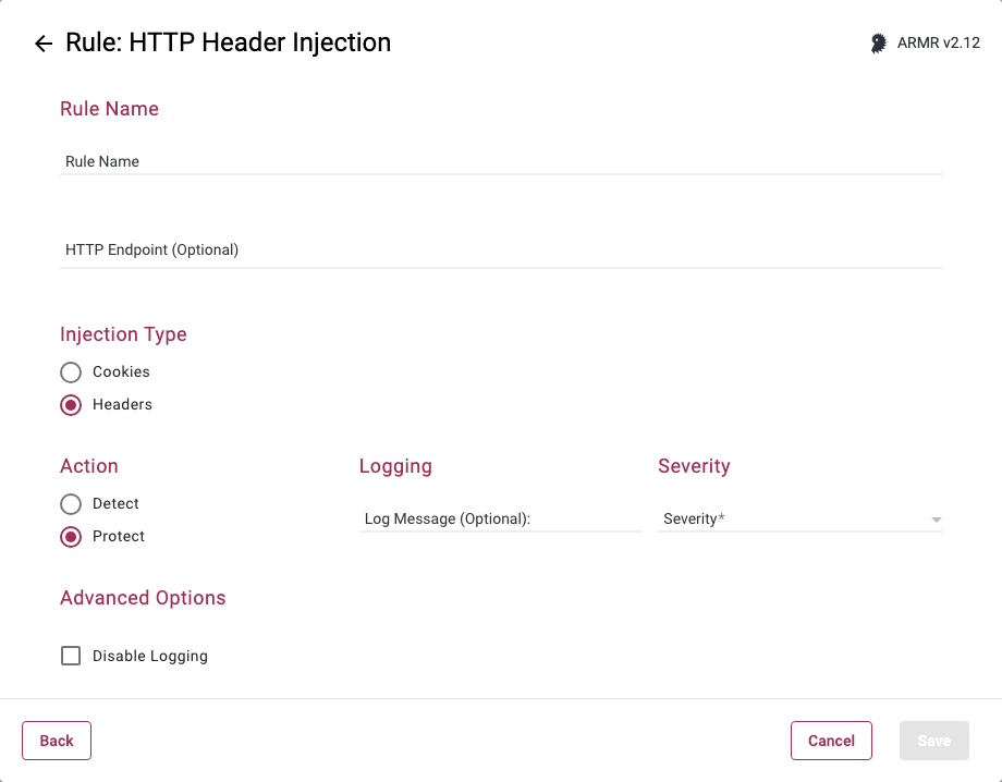 Rule Wizard Rule Options page for the HTTP Header Injection rule