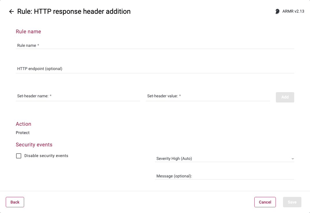 Rule Wizard Rule Options page for the HTTP response header addition rule