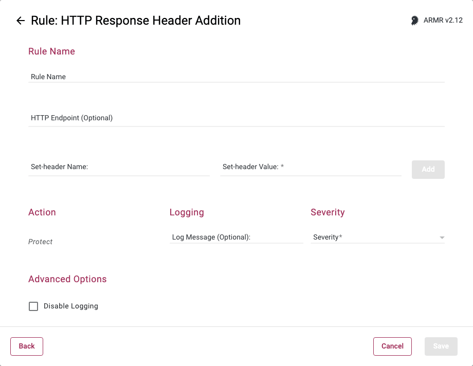 Rule Wizard Rule Options page for the HTTP Response Header Addition rule