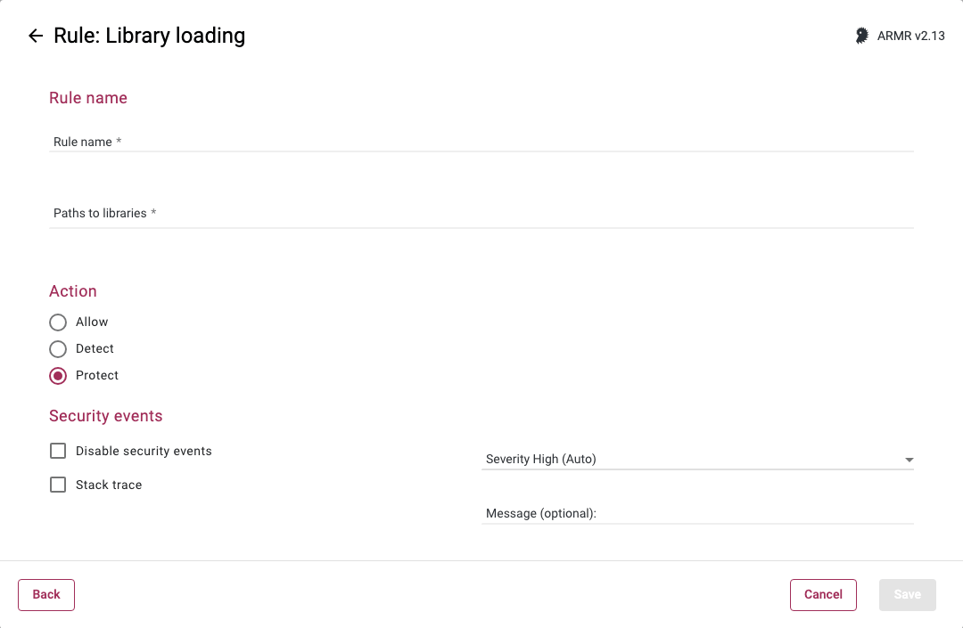 Rule Wizard Rule Options page for the Library loading rule