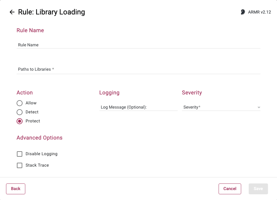Rule Wizard Rule Options page for the Library Loading rule
