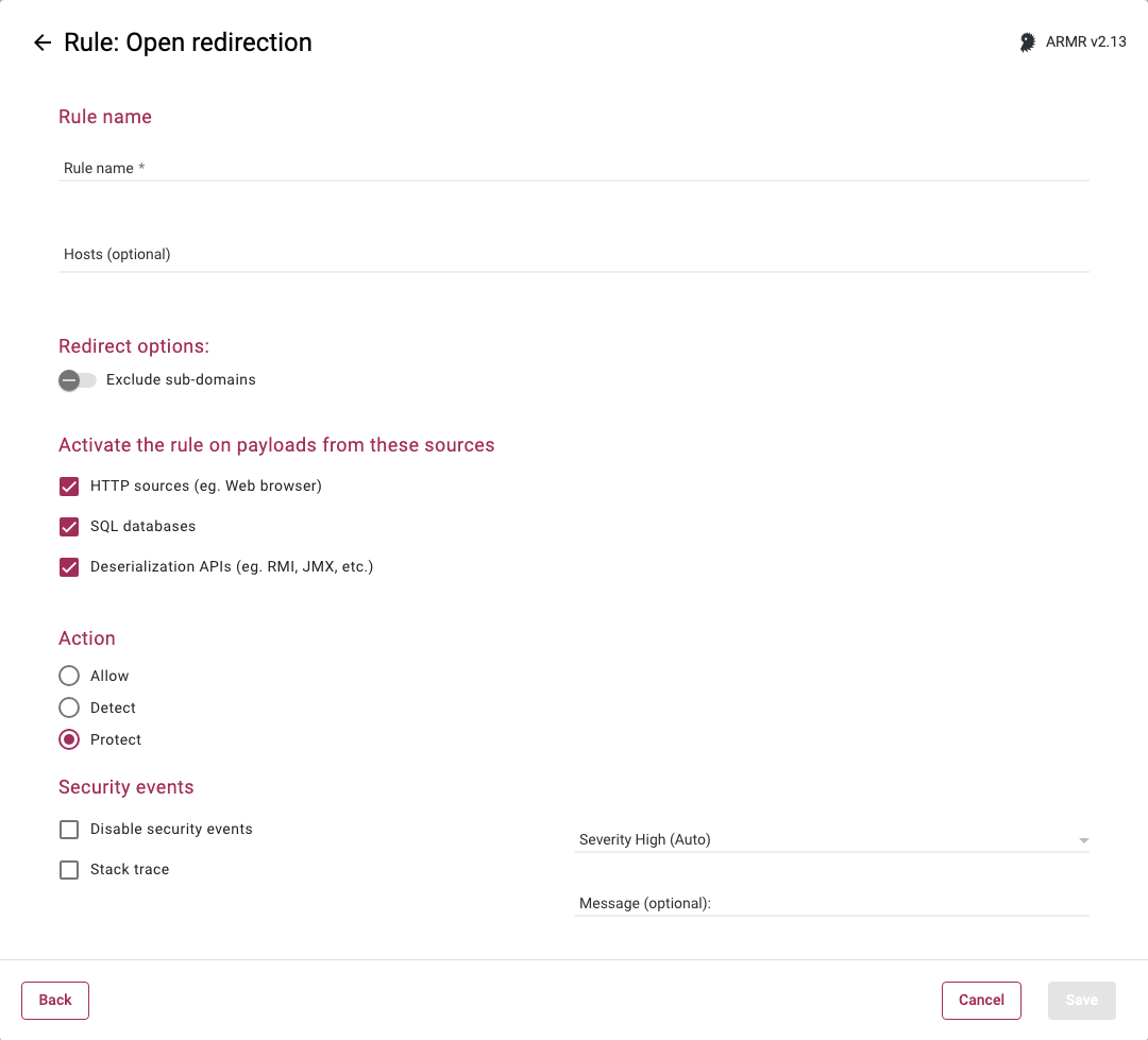 Rule Wizard Rule Options page for the Open redirection rule showing the Hosts field and Allow action