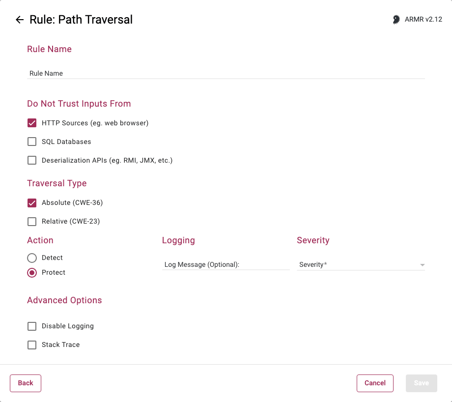 Rule Wizard Rule Options page for the Path Traversal rule