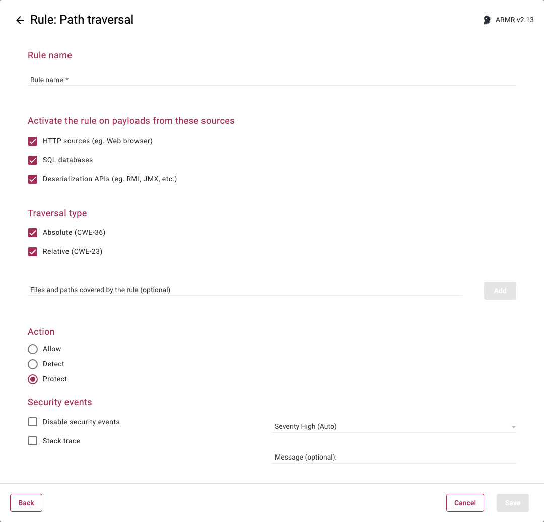 Rule Wizard Rule Options page for the Path Traversal rule