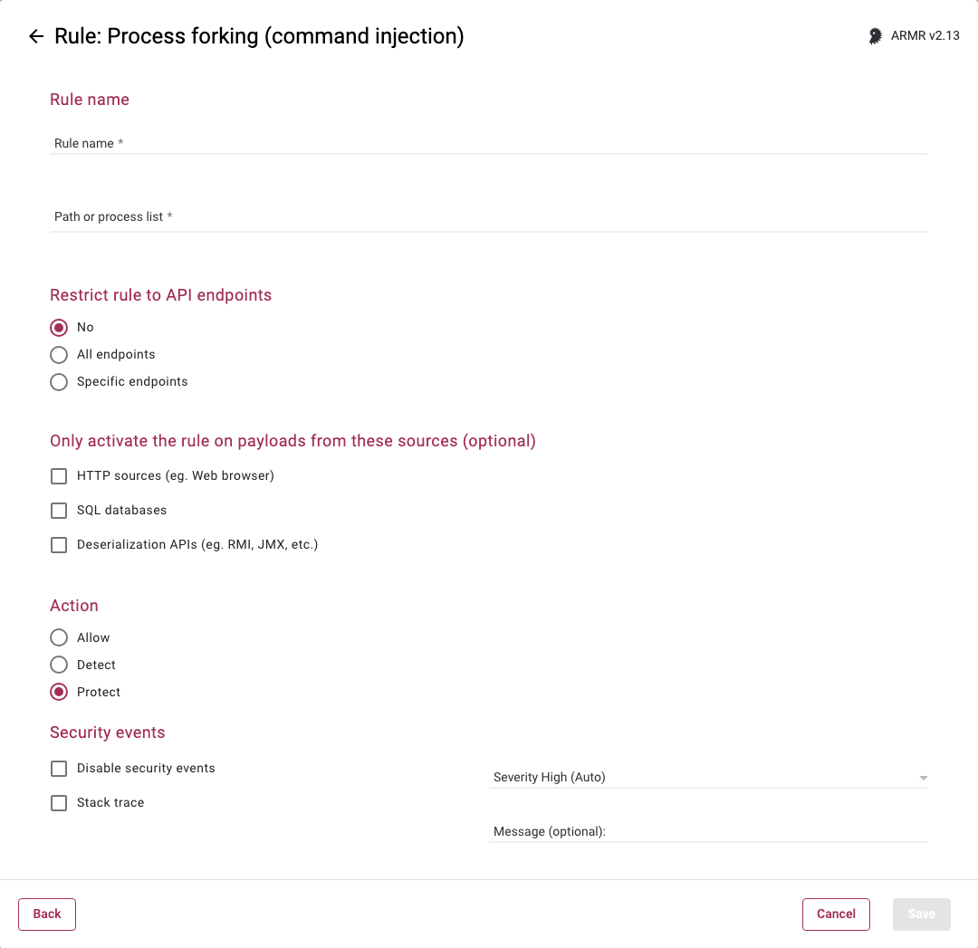 Rule Wizard Rule Options page for the Process Forking Command Injection rule
