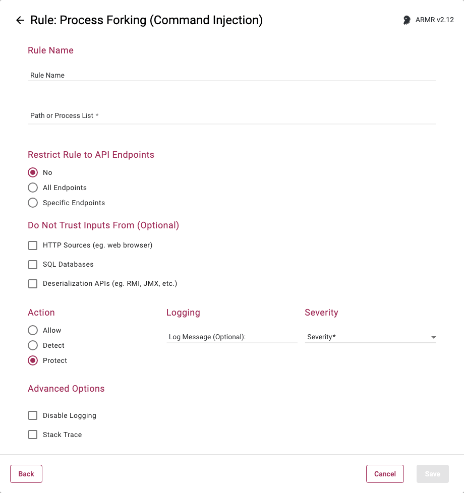 Rule Wizard Rule Options page for the Process Forking Command Injection rule