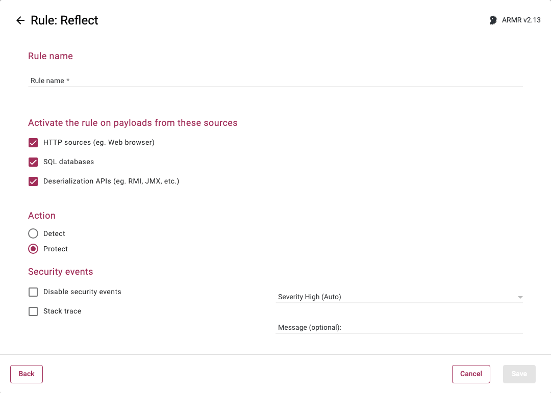 Rule Wizard Rule Options page for the Reflect rule