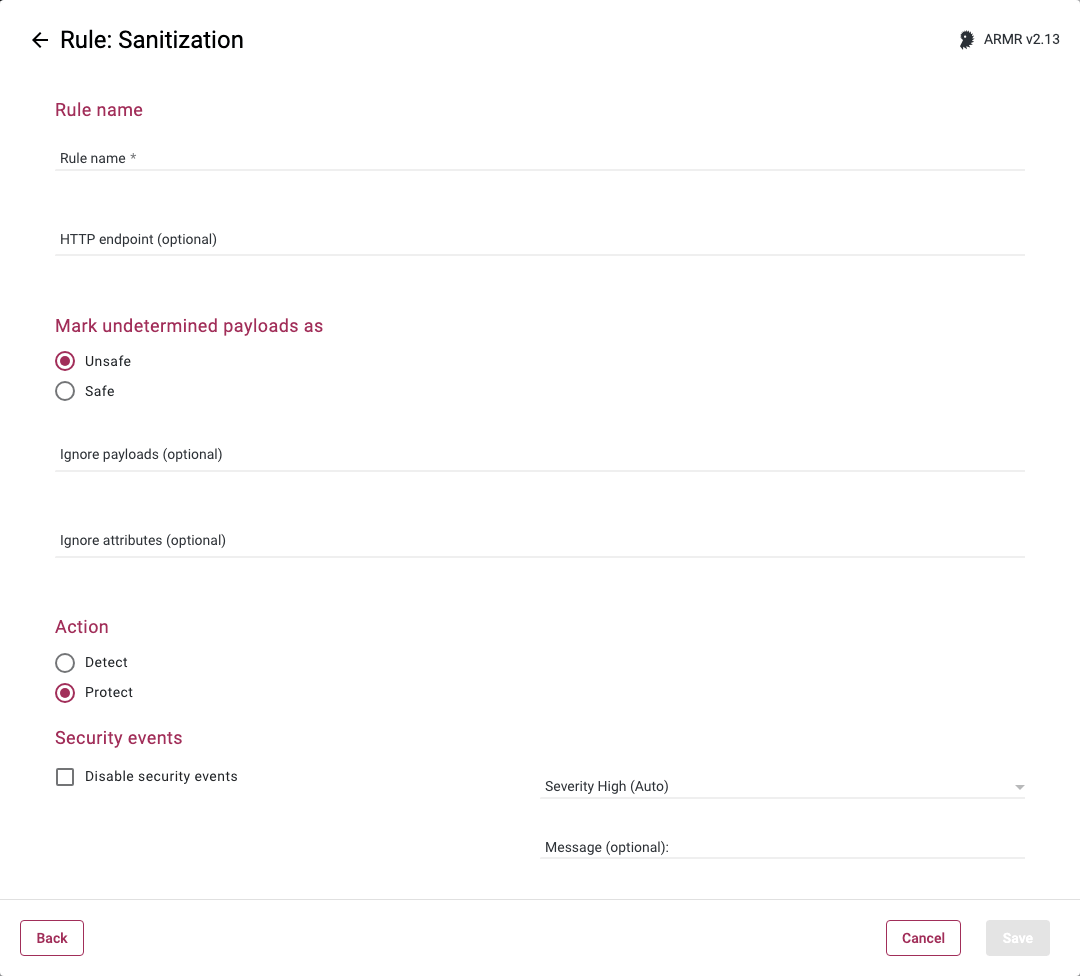 Rule Wizard Rule Options page for the Sanitization rule
