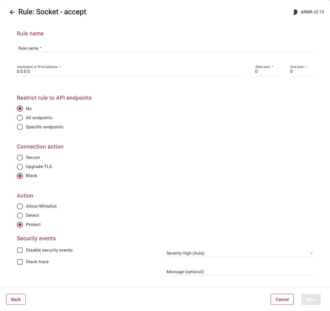 Rule Wizard Rule Options page for the Socket Accept rule