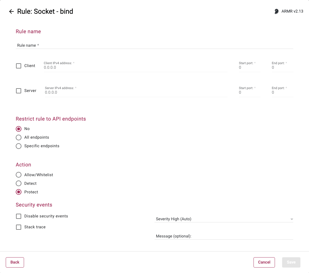 Rule Wizard Rule Options page for the Socket Bind rule