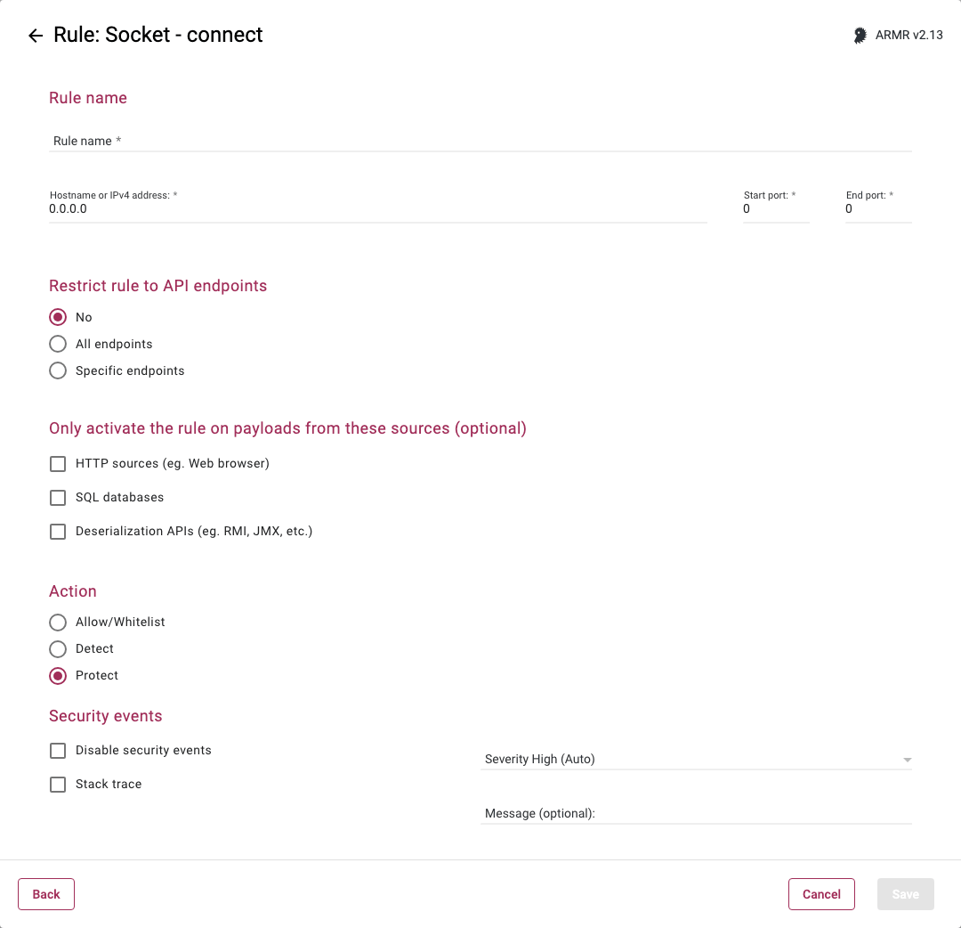 Rule Wizard Rule Options page for the Socket Connect rule