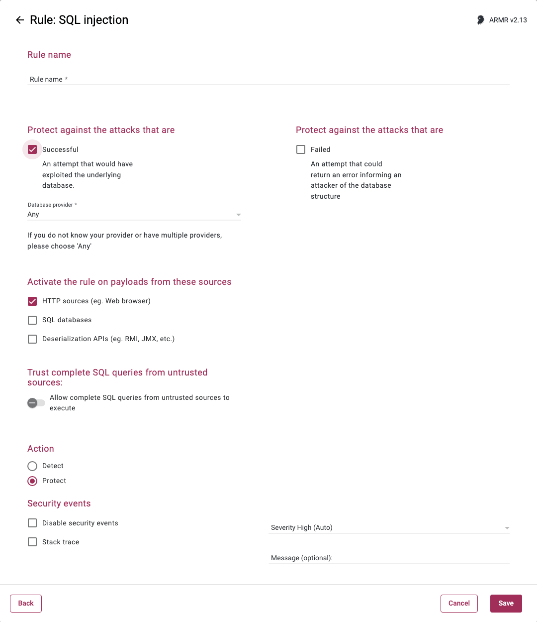 Rule Wizard Rule Options page for the SQL Injection rule