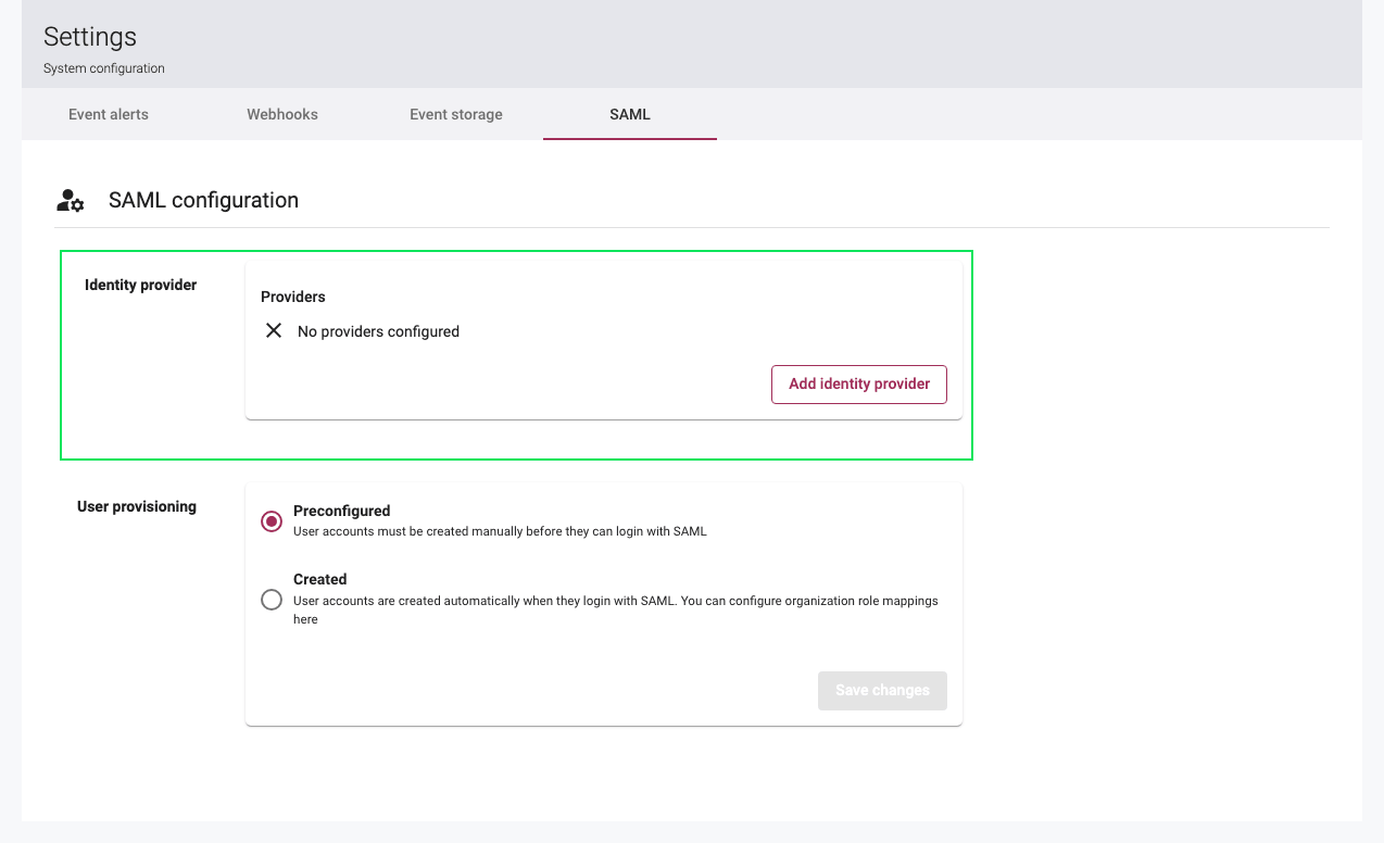 Screenshot of the SAML Identity Provider section with the Add Identity Provider button