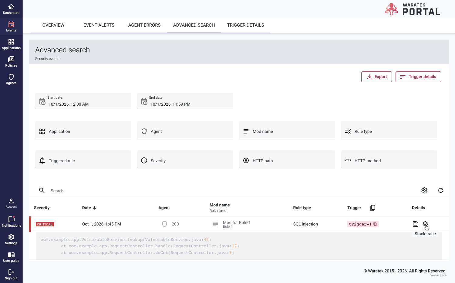 Screenshot of the Details column in the Advanced Search table, with the Details and Stack Trace buttons and an expanded stack trace below the event row