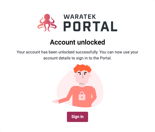 Confirmation screen shown after clicking the Unlock Account button in the email